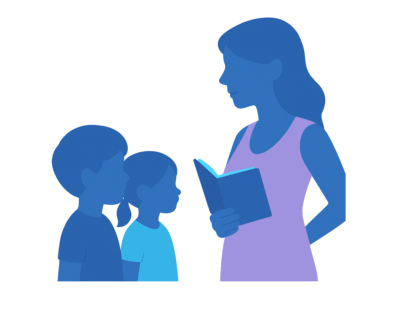 Desenho de duas crianças com sua mãe lendo